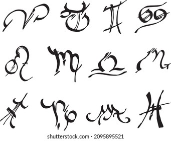 Zodiac signs set. Calligraphic zodiac symbols.