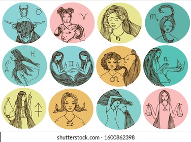 Zodiac signs set. Can be used for horoscope, predictions, greeting card, birthday party. Vector hand drawn illustration.