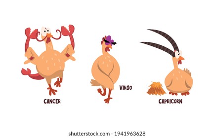 Zodiac Signs Set, Cancer, Virgo, Capricorn, Funny Turkey Character, Chinese Horoscope Elements Cartoon Vector Illustration