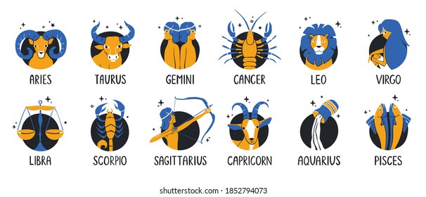 Zodiac signs set  Collection highlight story covers for social media  Twelve astrological stickers and handwritten names  Vector hand drawn illustration