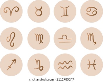 Zodiac signs set. Collection of highlight story covers for social media. Twelve astrological stickers with hand drawing  names. Vector hand drawn illustration
cute zodiac symbols