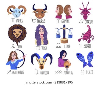 Zodiac signs set. Collection of highlight story covers for social media. Twelve astrological stickers with handwritten names. Vector hand drawn illustration