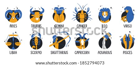 Zodiac signs set. Collection of highlight story covers for social media. Twelve astrological stickers with handwritten names. Vector hand drawn illustration