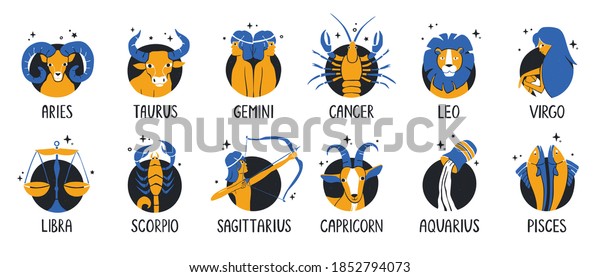 Zodiac signs set. Collection of\
highlight story covers for social media. Twelve astrological\
stickers with handwritten names. Vector hand drawn\
illustration