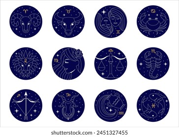 Zodiac signs set. Collection of horoscope symbols, Aries, Taurus, Leo, Gemini, Virgo, Scorpio, Libra, Aquarius, Sagittarius, Pisces, Capricorn, Cancer. Zodiac constellations.