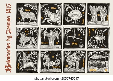 Zodiac signs set and constellations. Illustration in medieval style with black-letter lettering. Gold and black square emblem perfect for apparel, retro posters, and cards.