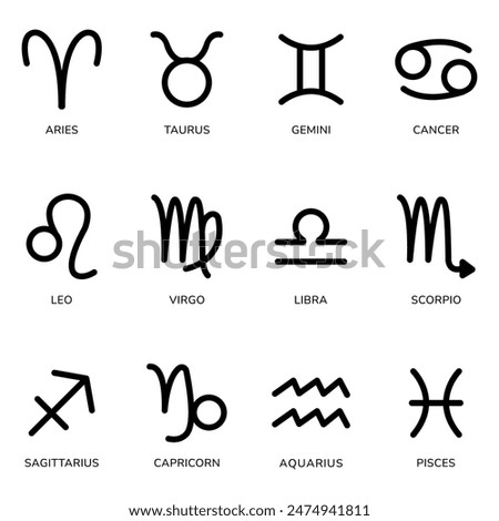 Zodiac signs set. Flat illustration of black astrological signs isolated on a white background. Vector design.