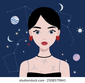 Zodiac signs set. Girls horoscope with women characters and gemini, libra, scorpio, aries, capricorn constellations. Modern astrology symbols. Flat vector illustrations isolated on white background