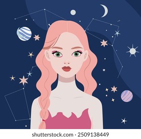 Zodiac signs set. Girls horoscope with women characters and gemini, libra, scorpio, aries, capricorn constellations. Modern astrology symbols. Flat vector illustrations isolated on white background