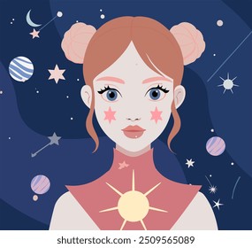 Zodiac signs set. Girls horoscope with women characters and gemini, libra, scorpio, aries, capricorn constellations. Modern astrology symbols. Flat vector illustrations isolated on white background