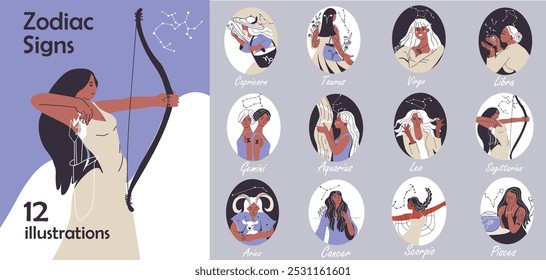 Zodiac signs set. Girls horoscope with women characters and gemini, libra, gemini, aquarius, virgo constellations. Modern astrology symbols. Flat vector illustrations isolated on white background