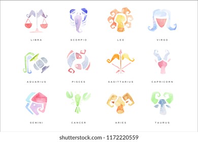 Zodiac Signs set of hand drawn watercolor vector Illustrations