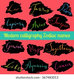 Zodiac signs set - hand drawn calligraphy lettering, bright neon colors label design
