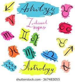 Zodiac signs set - hand drawn calligraphy lettering, bright neon colors label design