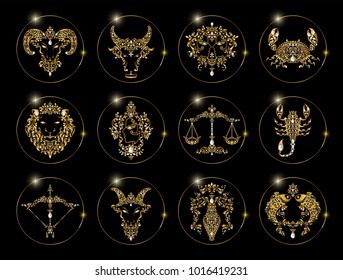 zodiac signs set of horoscope symbols astrology icons collection with gold patterned and crystals on paper color zodiac signs set of horoscope symbols astrology icons collection with gold patterned and crystals on paper color