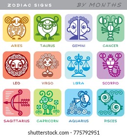 Zodiac signs - set of icons of animals by months, symbols of astrological calendar.
Cute vector illustration in cartoon style. Pictures isolated on white background.