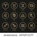 Zodiac signs  set. Isolated horoscope zodiac symbols :  Aries, Taurus, Gemini, Cancer, Leo, Virgo, Libra, Scorpio, Sagittarius, Capricorn, Aquarius, and Pisces. Zodiac astrology vector illustration.