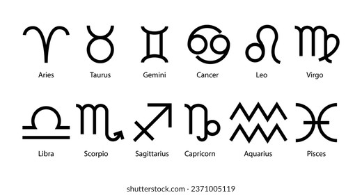 Zodiac signs set. Isolated horoscope zodiac symbols Capricorn, Aquarius, Pisces, Aries, Taurus, Gemini, Cancer, Leo, Virgo, Libra, Scorpio. Zodiac astrology signs vector illustration