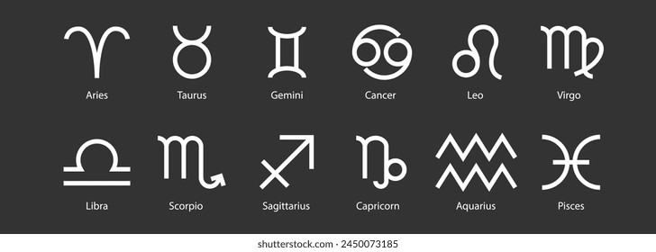 Zodiac signs set. Isolated horoscope zodiac symbols Capricorn, Aquarius, Pisces, Aries, Taurus, Gemini, Cancer, Leo, Virgo, Libra, Scorpio. Zodiac astrology signs vector illustration