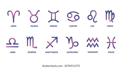 Zodiac signs  set. Isolated horoscope zodiac symbols :  Aries, Taurus, Gemini, Cancer, Leo, Virgo, Libra, Scorpio, Sagittarius, Capricorn, Aquarius, and Pisces. Zodiac astrology vector illustration.