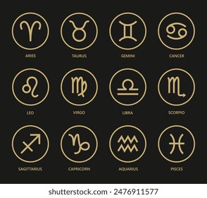 Zodiac signs  set. Isolated horoscope zodiac symbols :  Aries, Taurus, Gemini, Cancer, Leo, Virgo, Libra, Scorpio, Sagittarius, Capricorn, Aquarius, and Pisces. Zodiac astrology vector illustration.