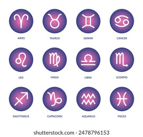 Zodiac signs  set. Isolated horoscope zodiac symbols :  Aries, Taurus, Gemini, Cancer, Leo, Virgo, Libra, Scorpio, Sagittarius, Capricorn, Aquarius, and Pisces. Zodiac astrology vector illustration.