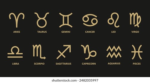 Zodiac signs  set. Isolated horoscope zodiac symbols :  Aries, Taurus, Gemini, Cancer, Leo, Virgo, Libra, Scorpio, Sagittarius, Capricorn, Aquarius, and Pisces. Zodiac astrology vector illustration.