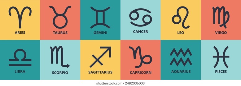 Zodiac signs  set. Isolated horoscope zodiac symbols :  Aries, Taurus, Gemini, Cancer, Leo, Virgo, Libra, Scorpio, Sagittarius, Capricorn, Aquarius, and Pisces. Zodiac astrology vector illustration.