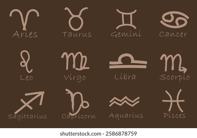 Zodiac signs set. Isolated horoscope zodiac symbols : Aries, Taurus, Gemini, Cancer, Leo, Virgo, Libra, Scorpio, Sagittarius, Capricorn, Aquarius, and Pisces. Zodiac astrology vector illustration.