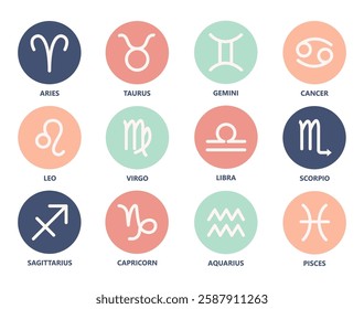 Zodiac signs set. Isolated horoscope zodiac symbols : Aries, Taurus, Gemini, Cancer, Leo, Virgo, Libra, Scorpio, Sagittarius, Capricorn, Aquarius, and Pisces. Zodiac astrology vector illustration.