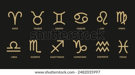 Zodiac signs  set. Isolated horoscope zodiac symbols :  Aries, Taurus, Gemini, Cancer, Leo, Virgo, Libra, Scorpio, Sagittarius, Capricorn, Aquarius, and Pisces. Zodiac astrology vector illustration.