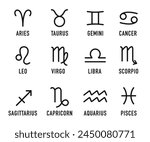 Zodiac signs set isolated on white background. Star signs for the astrological horoscope. Zodiac line symbols. Set of black astrological signs isolated on white background. Vector illustration