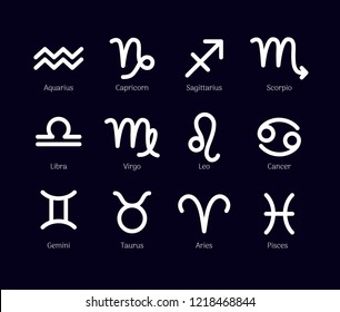 Zodiac signs set isolated on black background. Star signs for astrology horoscope. Zodiac line stylized symbols. Astrological calendar collection, horoscope constellation vector illustration.