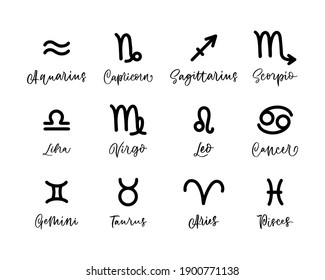 Zodiac signs set isolated on white background. Star signs for astrology horoscope. Zodiac line stylized symbols. Astrological calendar collection, horoscope constellation vector illustration.