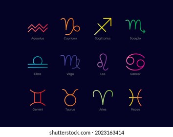 Zodiac signs set isolated on dark background. Star signs for astrology horoscope. Zodiac line stylized symbols. Astrological calendar collection, horoscope constellation vector illustration.