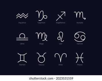 Zodiac signs set isolated on black background. Star signs for astrology horoscope. Zodiac stylized symbols. Astrological calendar collection, horoscope constellation vector illustration.