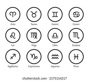 Zodiac signs set isolated on white background. Star signs for astrology horoscope. Zodiac line stylized symbols. Astrological calendar collection, horoscope constellation vector illustration