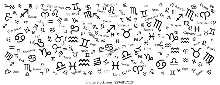 Zodiac signs set isolated on blue background. Star signs for astrology horoscope. Seamless Zodiac line stylized symbols. Astrological calendar collection, horoscope constellation vector illustration