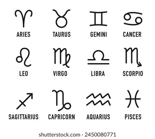 Zodiac signs set isolated on white background. Star signs for the astrological horoscope. Zodiac line symbols. Set of black astrological signs isolated on white background. Vector illustration