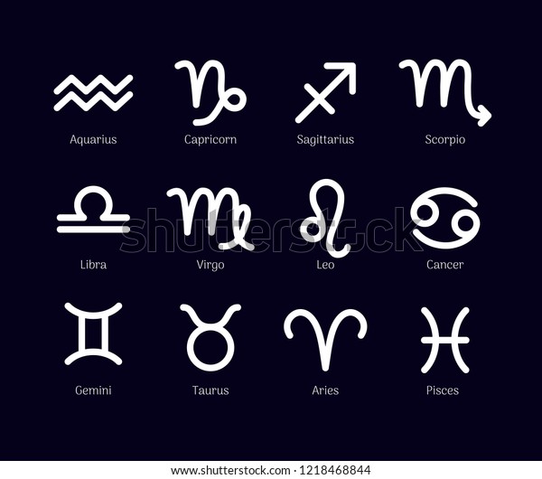 Zodiac signs set isolated on black
background. Star signs for astrology horoscope. Zodiac line
stylized symbols. Astrological calendar collection, horoscope
constellation vector
illustration.