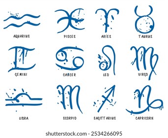 Zodiac signs set, isolated vector vector illustration. Ink, splashes, grunge style. Set of blue Astrological signs isolated on white background