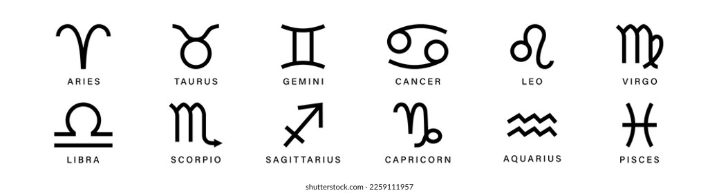 Zodiac signs set. Leo and taurus constellations black symbols with esoteric scorpio and astrological aquarius with pisces vector pictogram