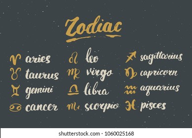 Zodiac signs set and letterings. Hand drawn horoscope astrology symbols, grunge textured design, typography print, vector illustration.