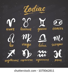 Zodiac signs set and letterings. Hand drawn horoscope astrology symbols, grunge textured design, typography print, vector illustration on chalkboard background.