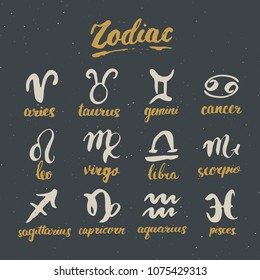 Zodiac signs set and letterings. Hand drawn horoscope astrology symbols, grunge textured design, typography print, vector illustration.