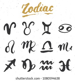 Zodiac signs set and letterings. Hand drawn horoscope astrology symbols, grunge textured design, typography print, vector illustration.