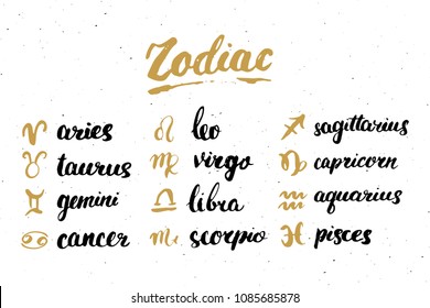 Zodiac signs set and letterings. Hand drawn horoscope astrology symbols, grunge textured design, typography print, vector illustration.