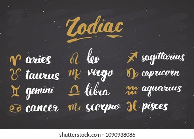 Zodiac signs set and letterings. Hand drawn horoscope astrology symbols, grunge textured design, typography print, vector illustration on chalkboard background.