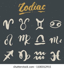 Zodiac signs set and letterings. Hand drawn horoscope astrology symbols, grunge textured design, typography print, vector illustration.