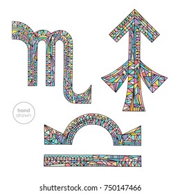 Zodiac signs set: Libra, Scorpio, Sagittarius. Horoscope pastel colors collection. Hand drawn symbols in modern style. Astrological series vector illustration.